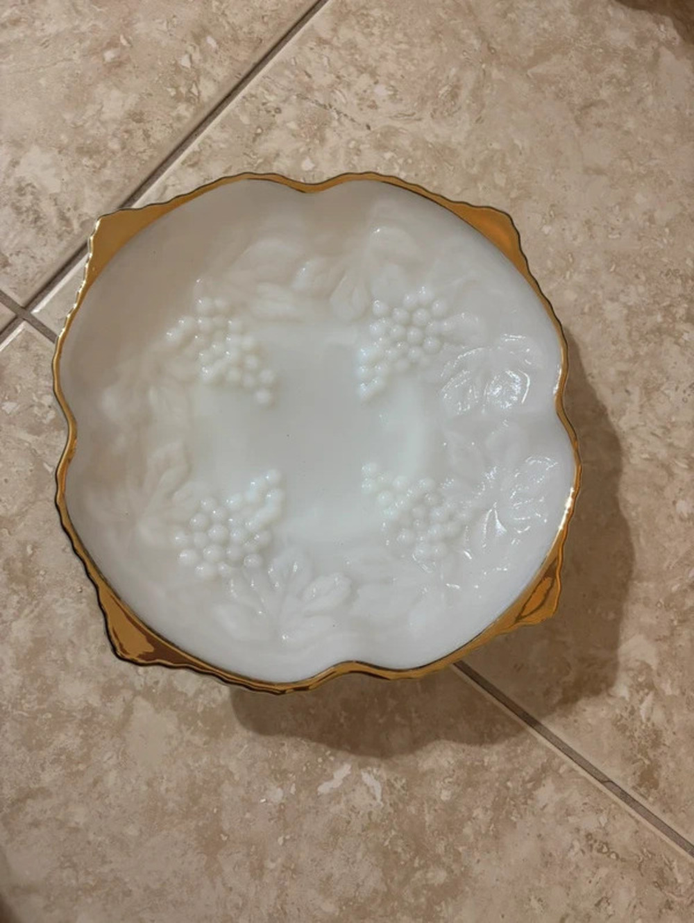 Vintage Anchor Hocking Milk Glass "Grape Harvest" Serving Bowl  Gold Trim